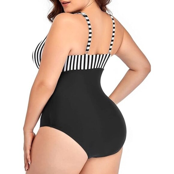 Daci Striped 16W One Piece Swimsuit Tummy Control V-Neck Design Hollow-Out Style - Picture 4 of 10